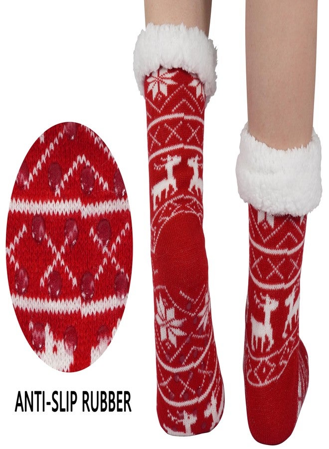 BenSorts Womens Slipper Socks Warm Lining Soft Cozy Fuzzy Winter Thick Stocking Stuffer Christmas House Socks with Non-Slip Grippers for ladies Gifts Christmas Red - Image 3